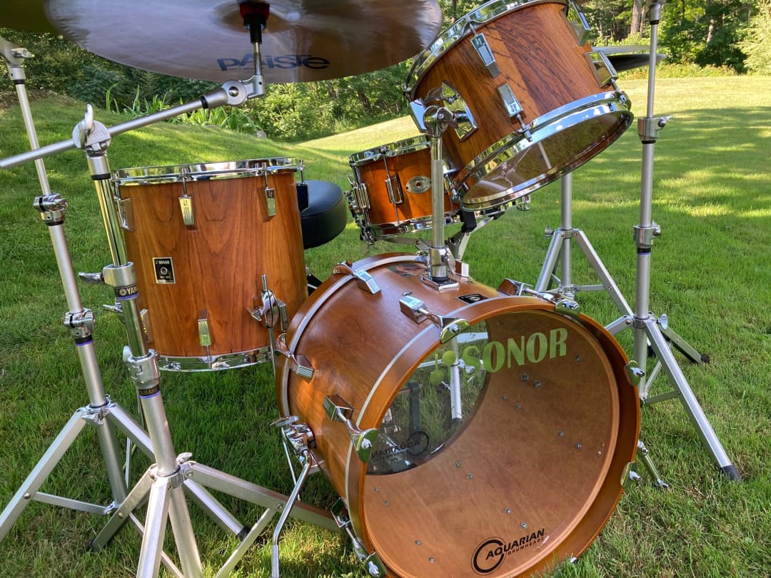 Sonor Phonic kit setup in my backyard in summer.